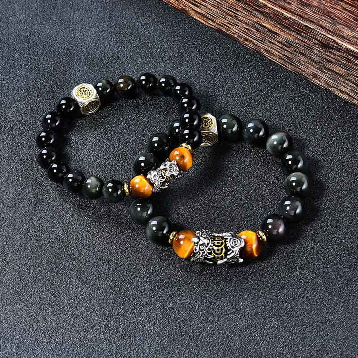 Buddha Stones Pulsera de transformación PiXiu de ojo de tigre con obsidiana negra natural - image 2