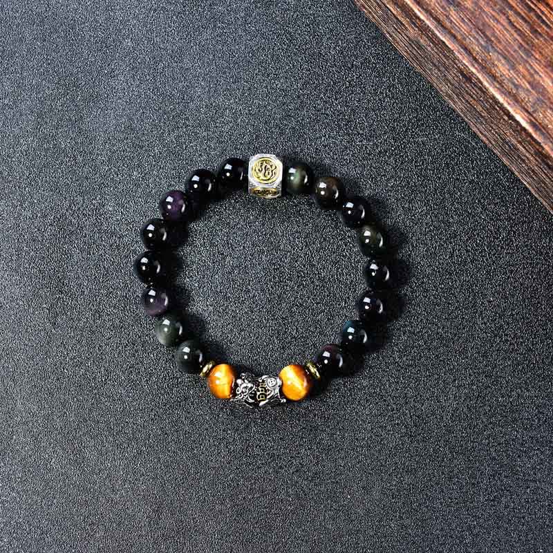 Buddha Stones Pulsera de transformación PiXiu de ojo de tigre con obsidiana negra natural - image 3