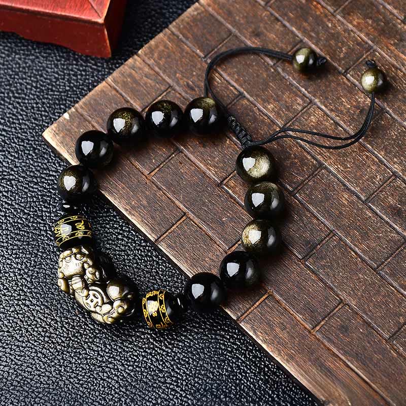 Buddha Stones Pulsera de cuerda protectora PiXiu Om Mani Padme Hum de obsidiana con brillo dorado natural - 14 mm (circunferencia de la muñeca: 18-19 cm) - image 10