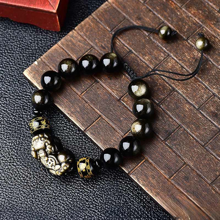Buddha Stones Pulsera de cuerda protectora PiXiu Om Mani Padme Hum de obsidiana con brillo dorado natural - 14 mm (circunferencia de la muñeca: 18-19 cm) - image 10