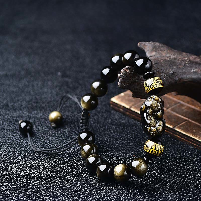 Buddha Stones Pulsera de cuerda protectora PiXiu Om Mani Padme Hum de obsidiana con brillo dorado natural - 10 mm (circunferencia de la muñeca: 16-17 cm) - image 0