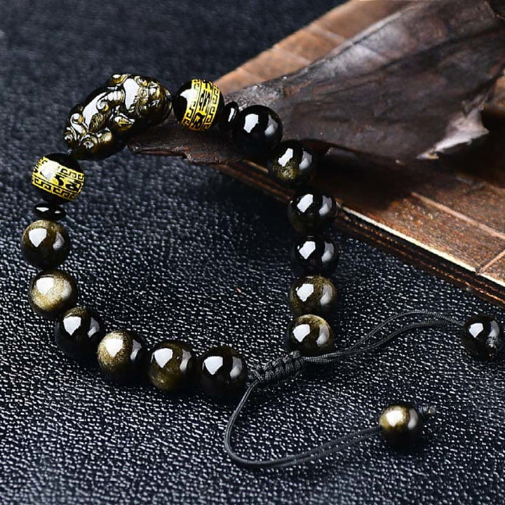 Buddha Stones Pulsera de cuerda protectora PiXiu Om Mani Padme Hum de obsidiana con brillo dorado natural - image 3