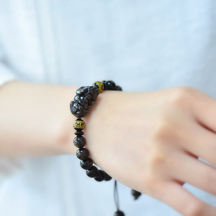 Buddha Stones Pulsera de cuerda protectora PiXiu Om Mani Padme Hum de obsidiana con brillo dorado natural - image 4