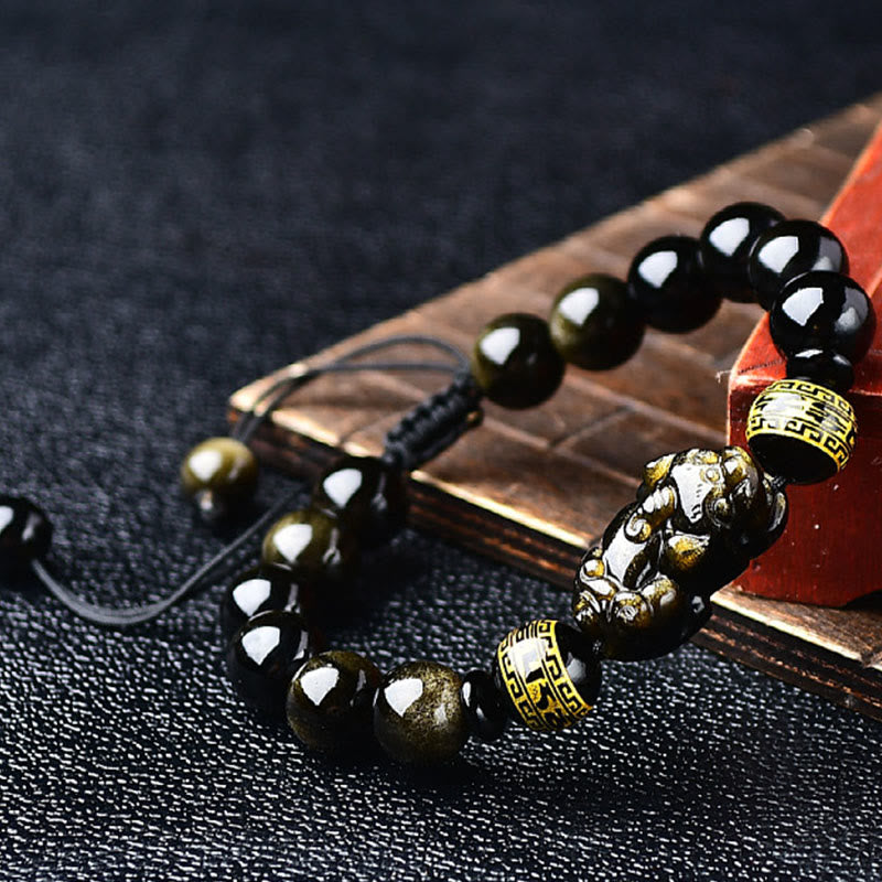 Buddha Stones Pulsera de cuerda protectora PiXiu Om Mani Padme Hum de obsidiana con brillo dorado natural - image 1