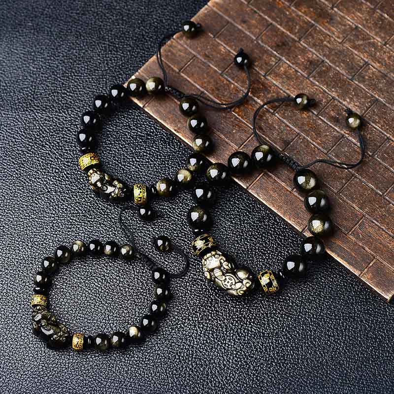 Buddha Stones Pulsera de cuerda protectora PiXiu Om Mani Padme Hum de obsidiana con brillo dorado natural - image 11