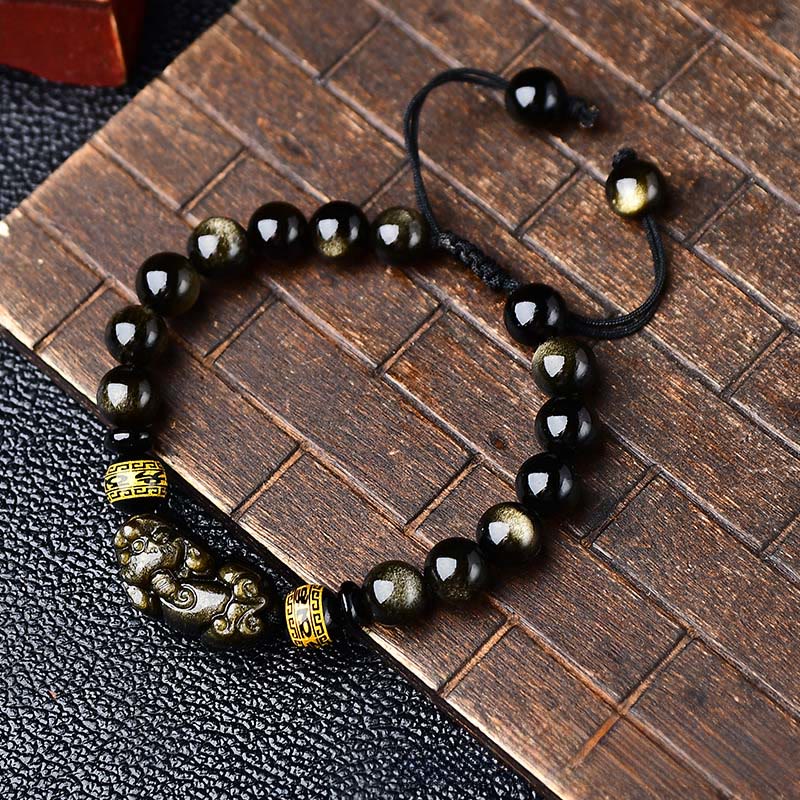 Buddha Stones Pulsera de cuerda protectora PiXiu Om Mani Padme Hum de obsidiana con brillo dorado natural - image 2
