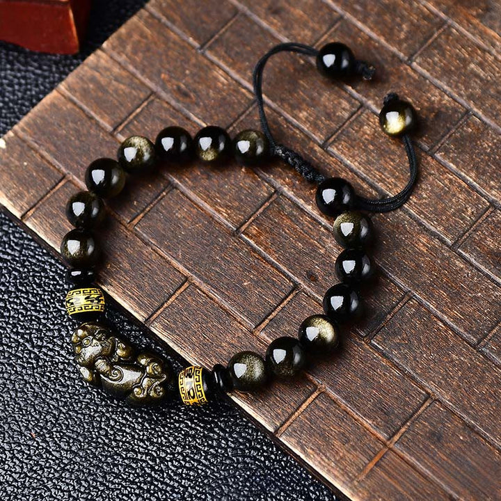 Buddha Stones Pulsera de cuerda protectora PiXiu Om Mani Padme Hum de obsidiana con brillo dorado natural - image 2