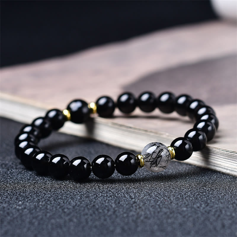 Buddha Stones Pulsera de purificación de cuarzo rutilado negro con obsidiana negra natural - 10 mm (circunferencia de la muñeca: 16-17 cm) - image 0