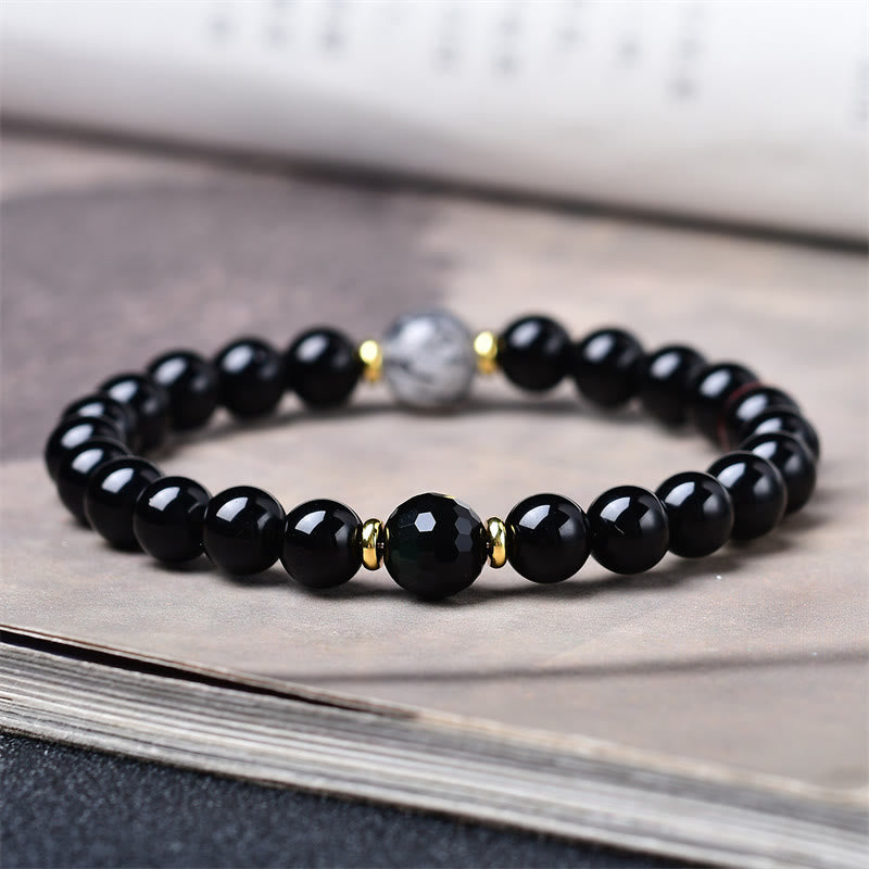 Buddha Stones Pulsera de purificación de cuarzo rutilado negro con obsidiana negra natural - image 4