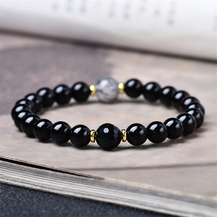 Buddha Stones Pulsera de purificación de cuarzo rutilado negro con obsidiana negra natural - image 4