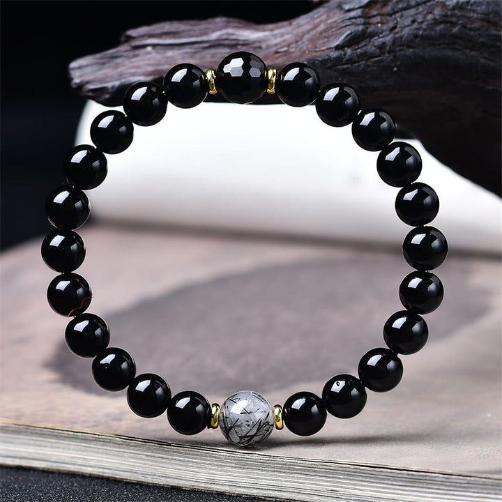 Buddha Stones Pulsera de purificación de cuarzo rutilado negro con obsidiana negra natural - image 2