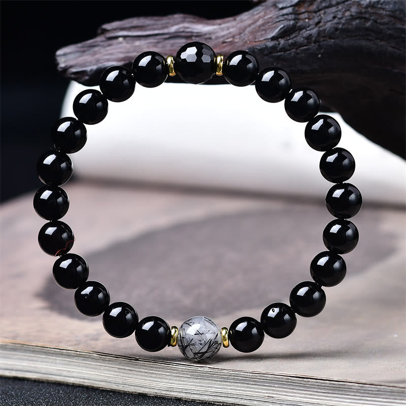 Buddha Stones Pulsera de purificación de cuarzo rutilado negro con obsidiana negra natural - image 2