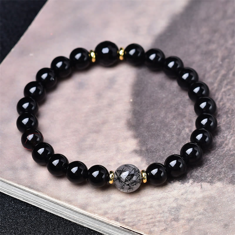 Buddha Stones Pulsera de purificación de cuarzo rutilado negro con obsidiana negra natural - image 3