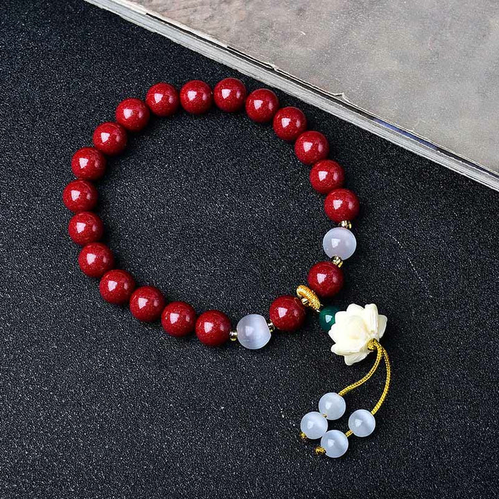 Buddha Stones Pulsera con dije de loto de marfil ojo de gato de cinabrio natural y bendición - image 3