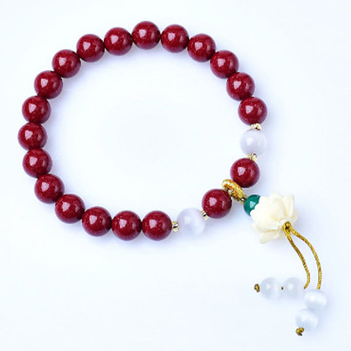 Buddha Stones Pulsera con dije de loto de marfil ojo de gato de cinabrio natural y bendición - image 4