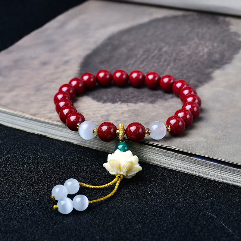 Buddha Stones Pulsera con dije de loto de marfil ojo de gato de cinabrio natural y bendición - Cinabrio de 8 mm (circunferencia de la muñeca: 15-16 cm) - image 0
