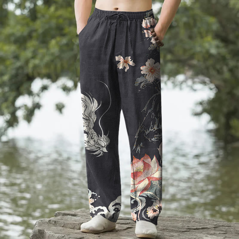 Buddha Stones Pantalones de hombre de algodón con estampado de dragón oriental y loto, corte ajustado y bolsillos. - Negro - US/UK/AU50, EU60 (5XL) - image 0