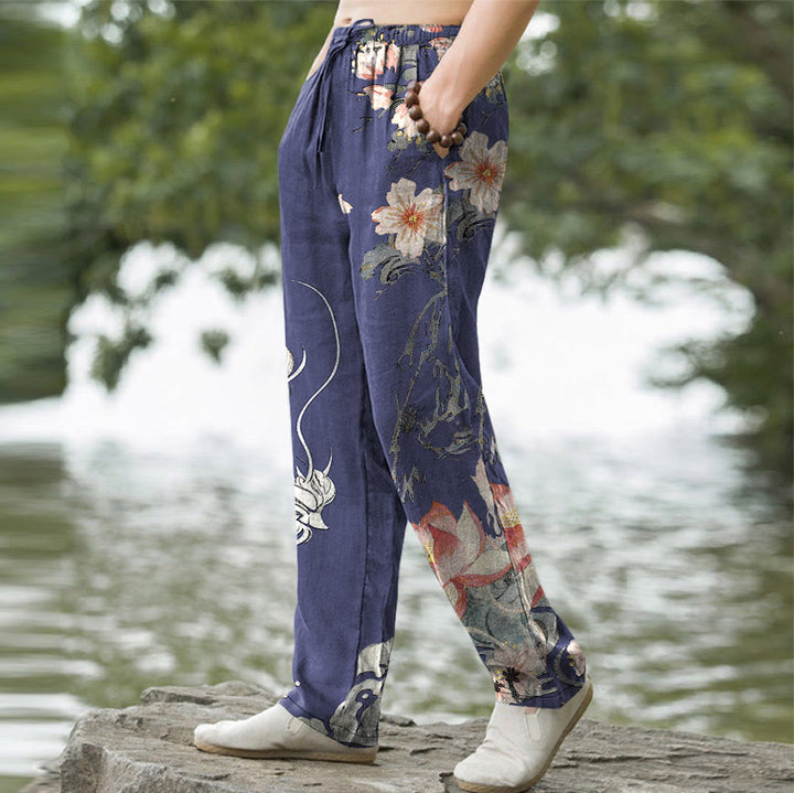 Buddha Stones Pantalones de hombre de algodón con estampado de dragón oriental y loto, corte ajustado y bolsillos. - image 5