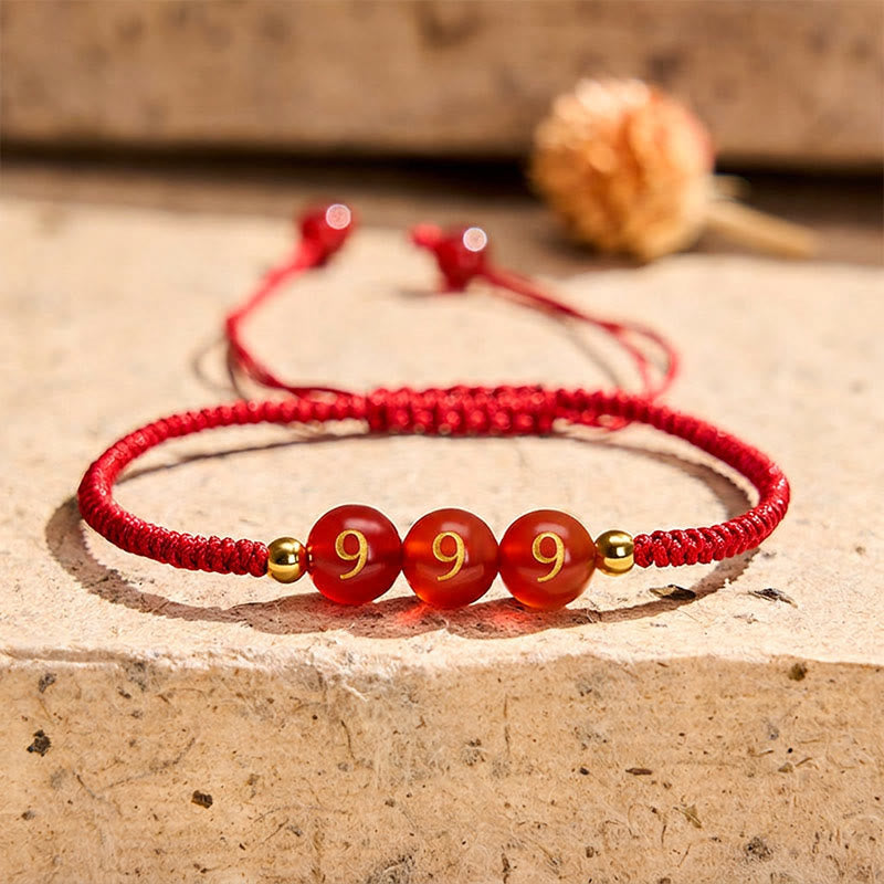 Buddha Stones Pulsera ajustable trenzada con cuentas de ágata roja y número angelical - Número angelical 999 - Cordón rojo (circunferencia de la muñeca: 15-22 cm) - image 26