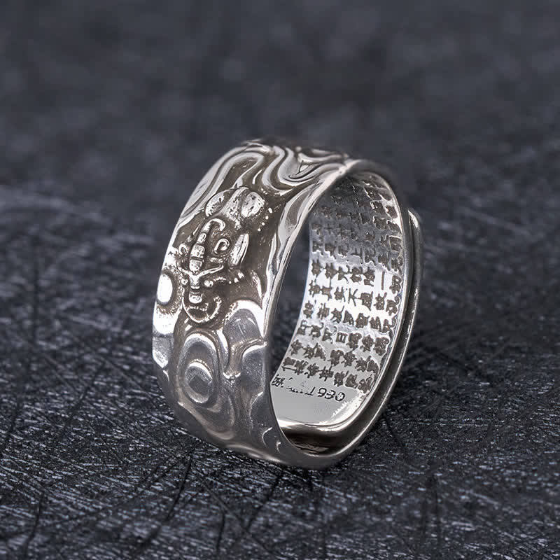Buddha Stones Anillo de la riqueza ajustable de cobre Pixiu Heart Sutra - Pixiu plateado - image 7