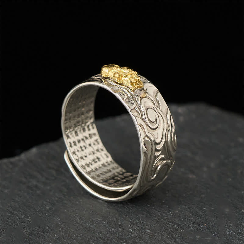 Buddha Stones Anillo de la riqueza ajustable de cobre Pixiu Heart Sutra - image 2