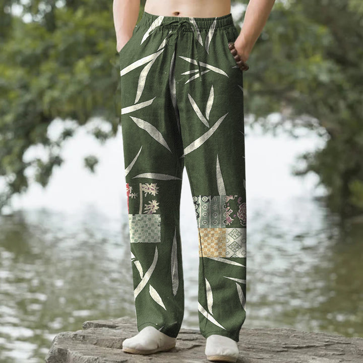 Buddha Stones Pantalones de hombre de algodón con estampado de retazos de hojas de bambú y corte ajustado, con bolsillos. - Verde oscuro - US/UK/AU50, EU60 (5XL) - image 0