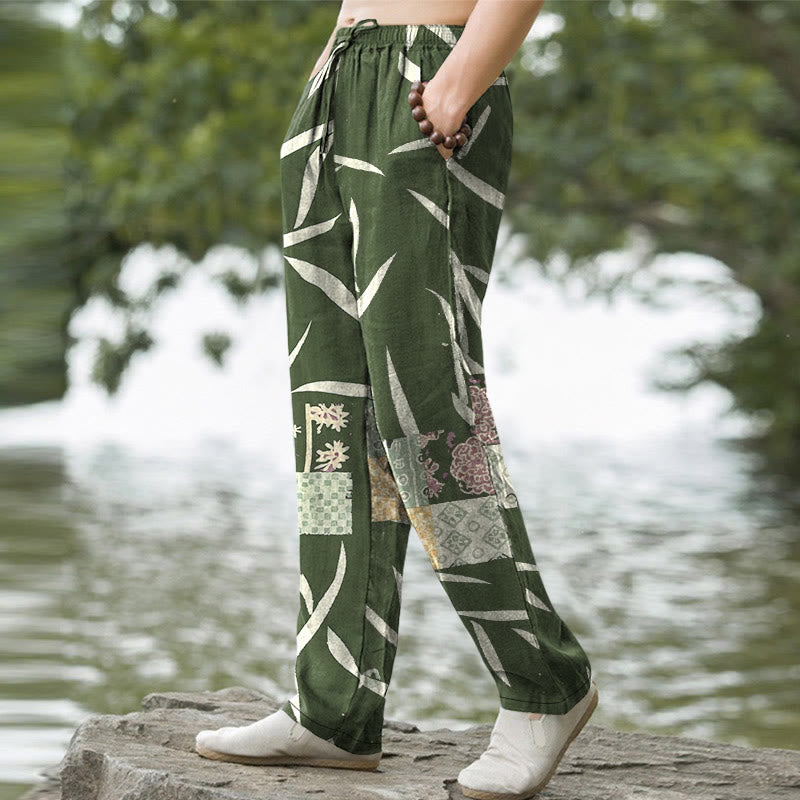 Buddha Stones Pantalones de hombre de algodón con estampado de retazos de hojas de bambú y corte ajustado, con bolsillos. - image 1