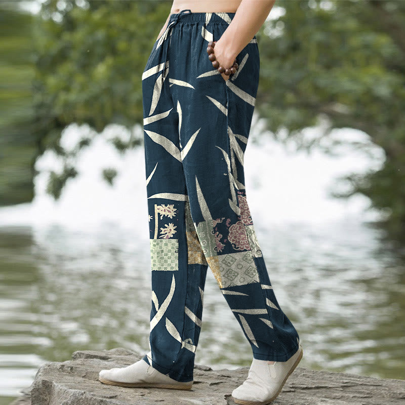 Buddha Stones Pantalones de hombre de algodón con estampado de retazos de hojas de bambú y corte ajustado, con bolsillos. - image 5
