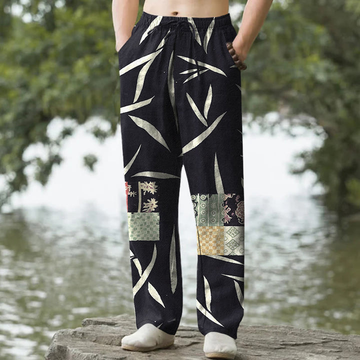 Buddha Stones Pantalones de hombre de algodón con estampado de retazos de hojas de bambú y corte ajustado, con bolsillos. - Negro - US/UK/AU50, EU60 (5XL) - image 6