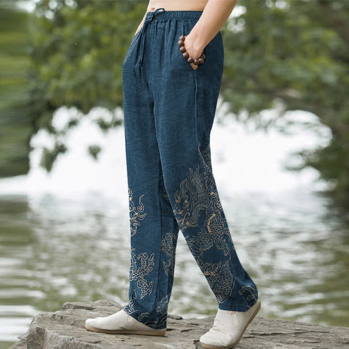 Buddha Stones Pantalones de hombre de algodón con estampado de nubes y dragones dorados, corte ajustado y bolsillos. - image 7
