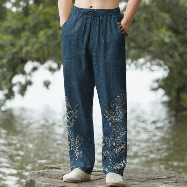 Buddha Stones Pantalones de hombre de algodón con estampado de nubes y dragones dorados, corte ajustado y bolsillos. - Azul acero - US/UK/AU50, EU60 (5XL) - image 6