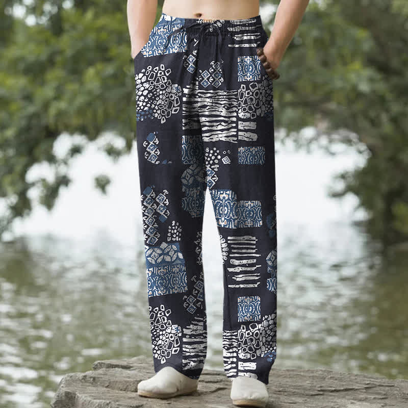 Buddha Stones Pantalones de hombre de algodón con estampado geométrico tipo patchwork y corte ajustado, con bolsillos. - Navy - US/UK/AU50，EU60 (5XL) - image 0
