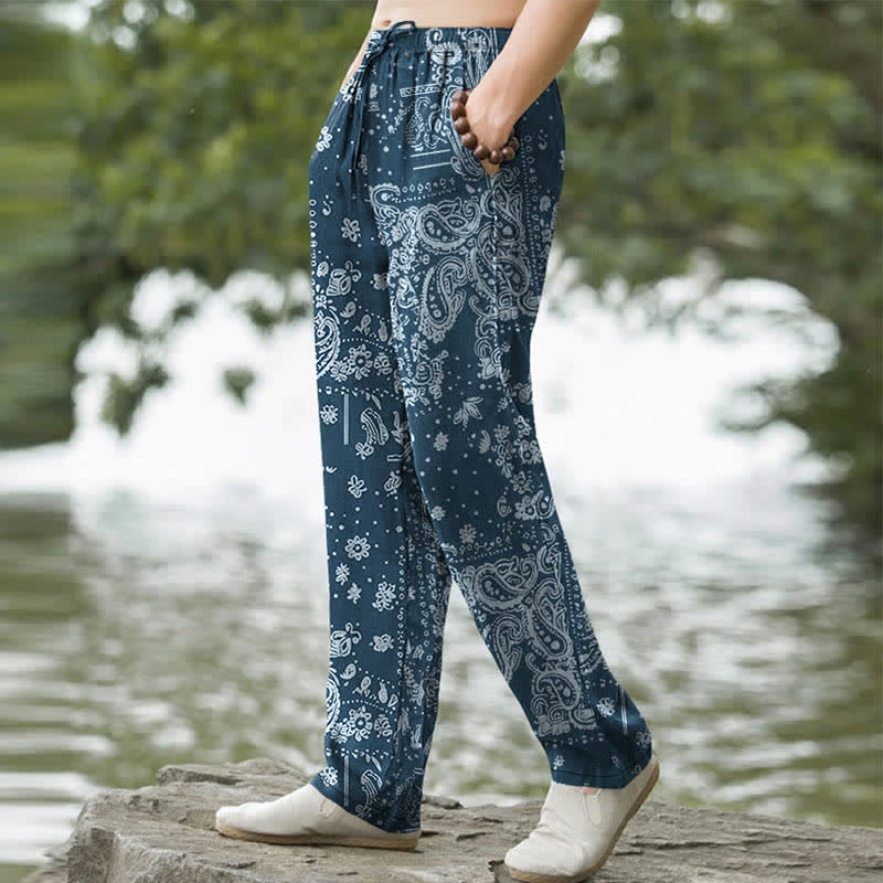Buddha Stones Pantalones de hombre de algodón con estampado de flores de anacardo y cachemir, corte cónico y bolsillos. - image 5