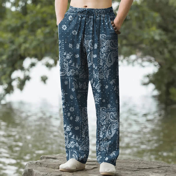 Buddha Stones Pantalones de hombre de algodón con estampado de flores de anacardo y cachemir, corte cónico y bolsillos. - Marina de guerra - US/UK/AU50, EU60 (5XL) - image 4