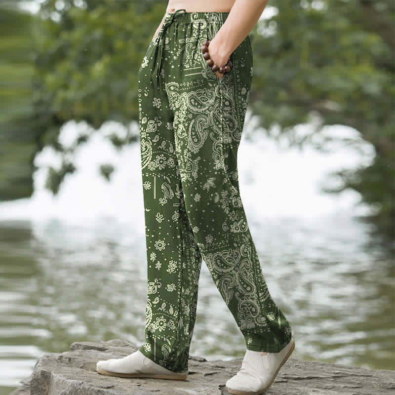 Buddha Stones Pantalones de hombre de algodón con estampado de flores de anacardo y cachemir, corte cónico y bolsillos. - image 7