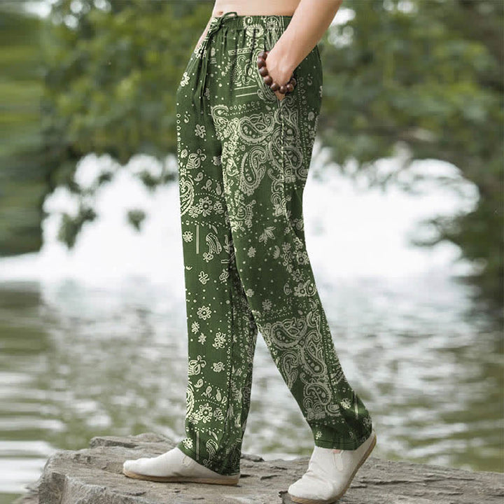 Buddha Stones Pantalones de hombre de algodón con estampado de flores de anacardo y cachemir, corte cónico y bolsillos. - image 7