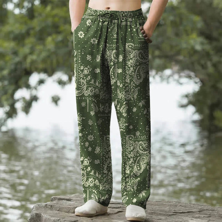 Buddha Stones Pantalones de hombre de algodón con estampado de flores de anacardo y cachemir, corte cónico y bolsillos. - Aceituna - US/UK/AU50, EU60 (5XL) - image 6
