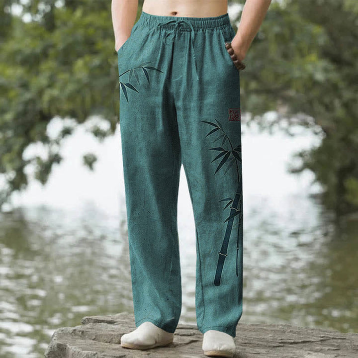 Buddha Stones Pantalones de hombre de algodón con estampado de hojas de bambú y corte ajustado, con bolsillos. - Verde azulado - US/UK/AU50, EU60 (5XL) - image 4