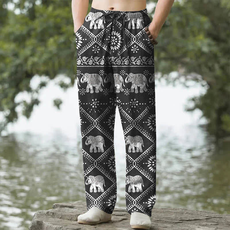 Buddha Stones Pantalones de hombre de algodón con estampado de mandala de elefante y corte ajustado, con bolsillos. - Negro - US/UK/AU50, EU60 (5XL) - image 0