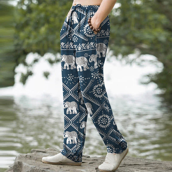 Buddha Stones Pantalones de hombre de algodón con estampado de mandala de elefante y corte ajustado, con bolsillos. - image 7