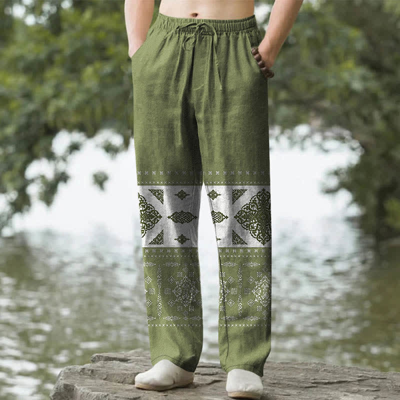 Buddha Stones Pantalones de hombre ajustados con bolsillos, estampado de mosaico de pañuelo de algodón - Verde oliva - US/UK/AU50, EU60 (5XL) - image 4
