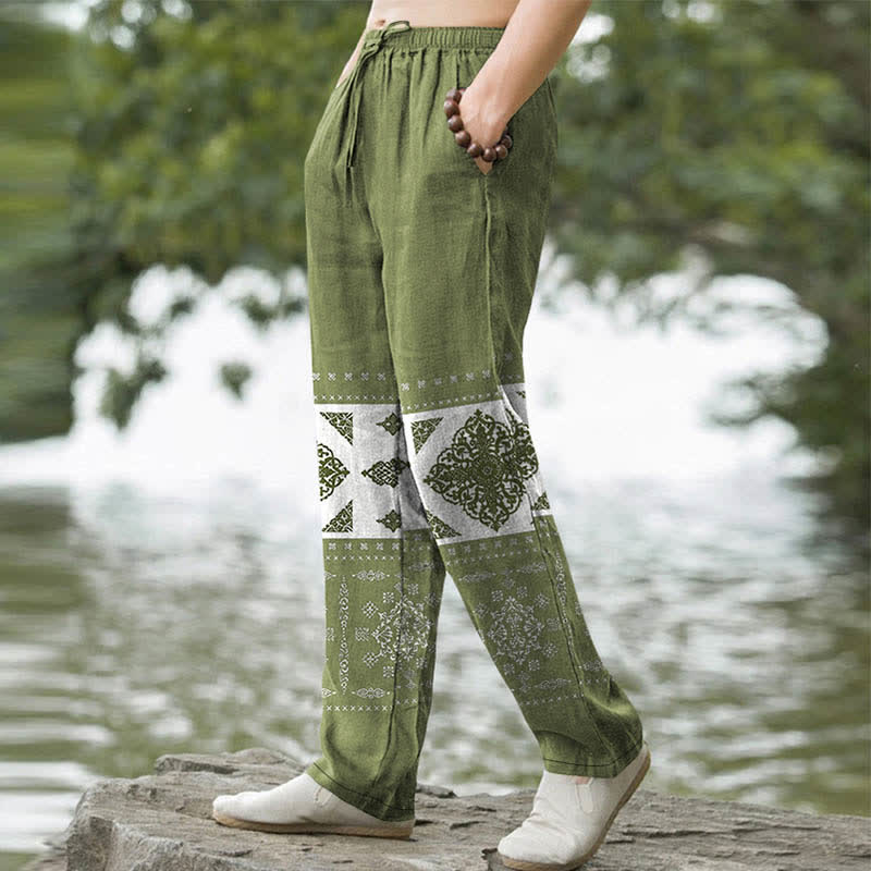 Buddha Stones Pantalones de hombre ajustados con bolsillos, estampado de mosaico de pañuelo de algodón - image 5