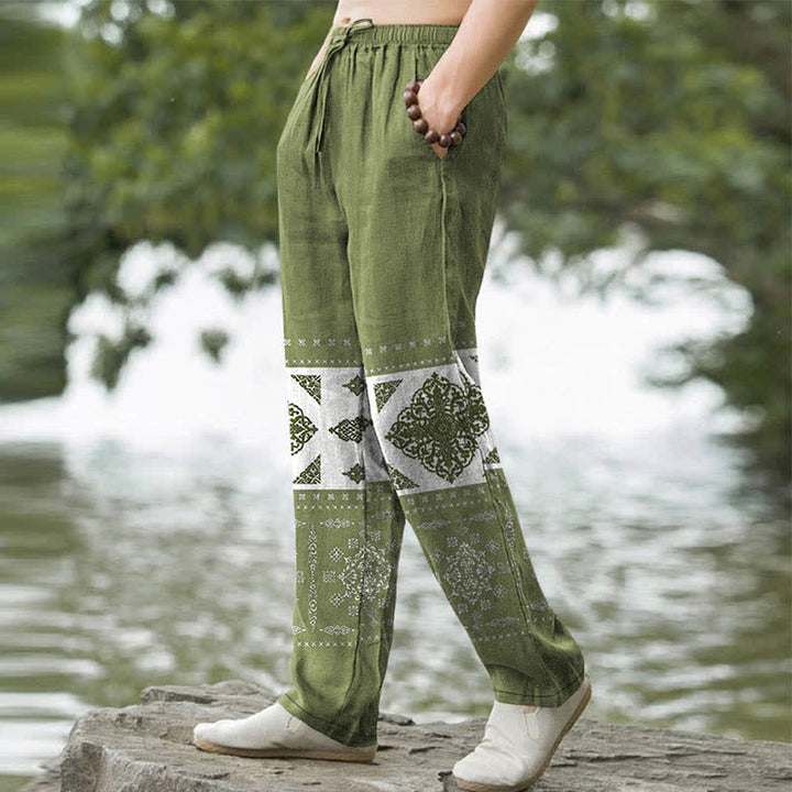 Buddha Stones Pantalones de hombre ajustados con bolsillos, estampado de mosaico de pañuelo de algodón - image 5