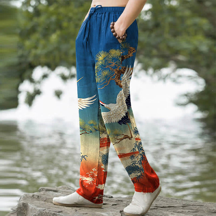 Buddha Stones Pantalones de hombre ajustados con bolsillos, estampado de paisaje de templo de pino y grulla de algodón. - image 5