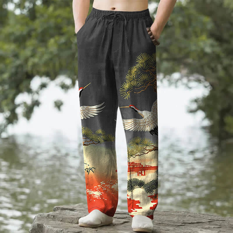 Buddha Stones Pantalones de hombre ajustados con bolsillos, estampado de paisaje de templo de pino y grulla de algodón. - Negro - US/UK/AU50, EU60 (5XL) - image 6
