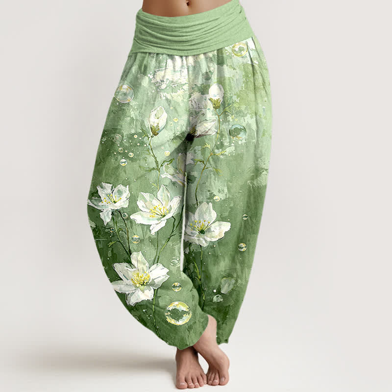 Buddha Stones Pantalones harem de mujer con cintura elástica, estampado de loto blanco acuarela de algodón puro para mujer. - Verde claro - US16，UK/AU20，EU48 (3XL) - image 0