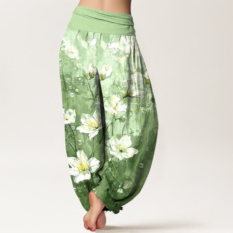 Buddha Stones Pantalones harem de mujer con cintura elástica, estampado de loto blanco acuarela de algodón puro para mujer. - image 2