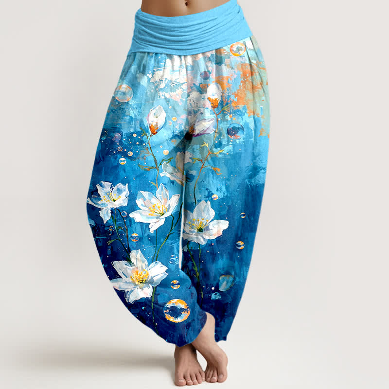 Buddha Stones Pantalones harem de mujer con cintura elástica, estampado de loto blanco acuarela de algodón puro para mujer. - Turquesa - US16，UK/AU20，EU48 (3XL) - image 3