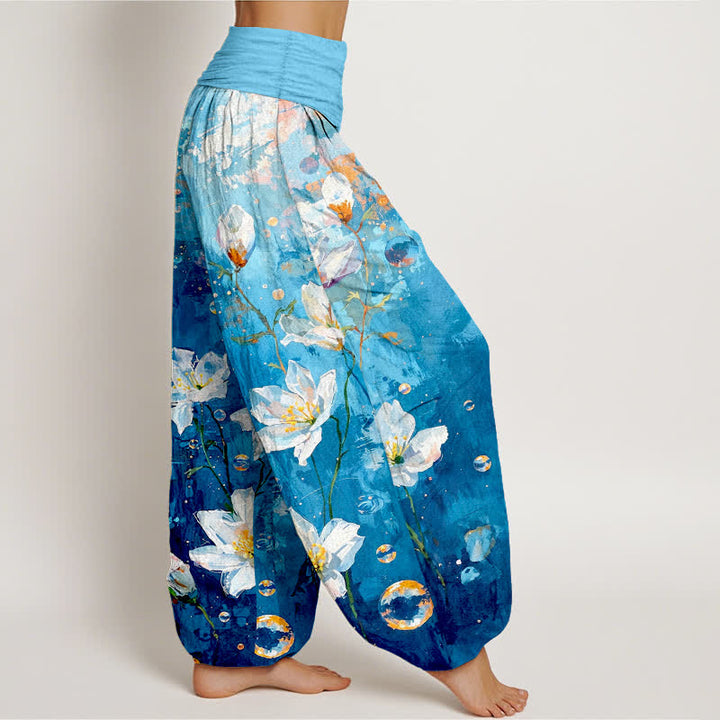 Buddha Stones Pantalones harem de mujer con cintura elástica, estampado de loto blanco acuarela de algodón puro para mujer. - image 4
