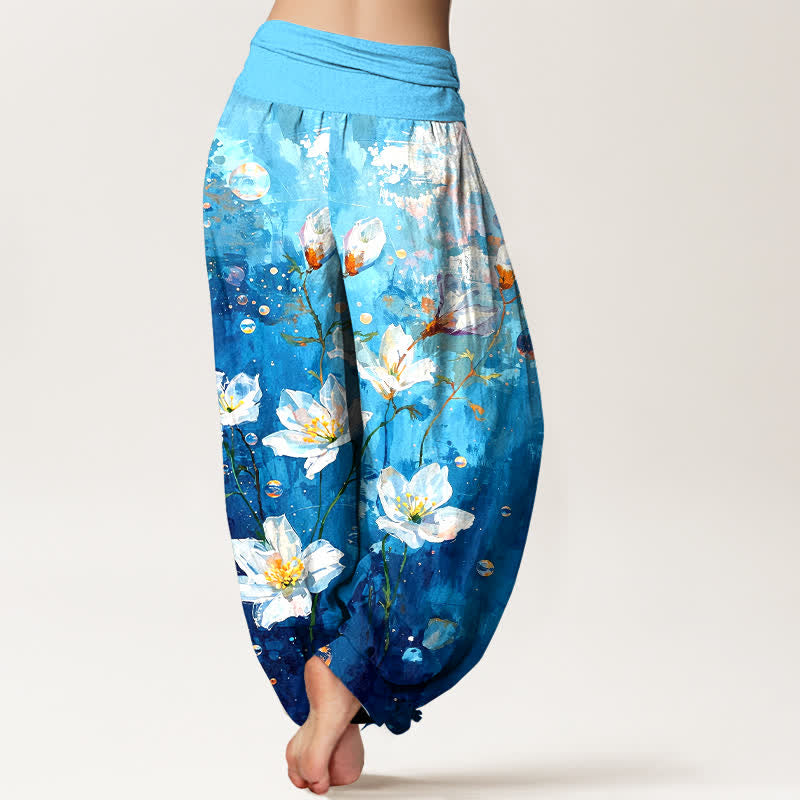 Buddha Stones Pantalones harem de mujer con cintura elástica, estampado de loto blanco acuarela de algodón puro para mujer. - image 5